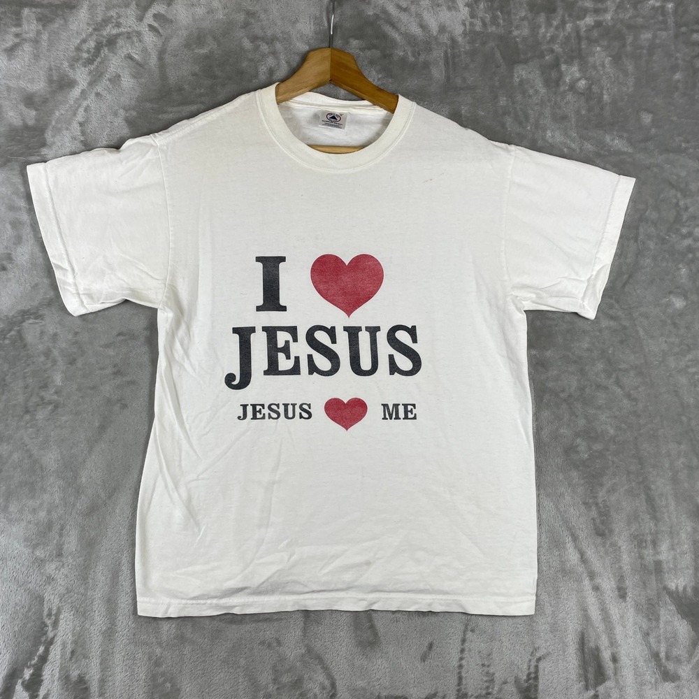 Vintage 90s Jesus T-Shirt Men Medium I Love Jesus Loves Me Graphic Tee Christian